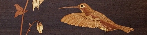 Holzbild schwirrender Kolibri vor einer Akelei